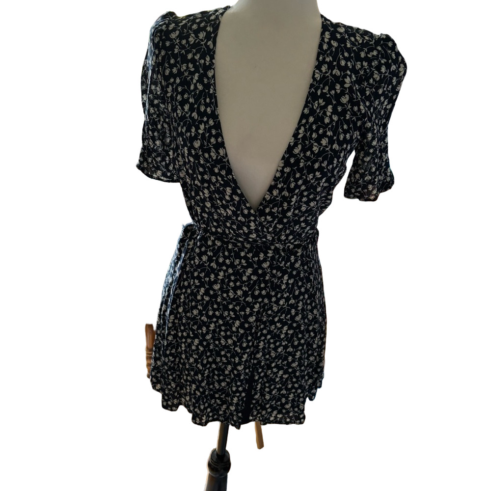 Reformation Black and White Ruffled Midi Dress with Plunge Neckline - Picture 3 of 5